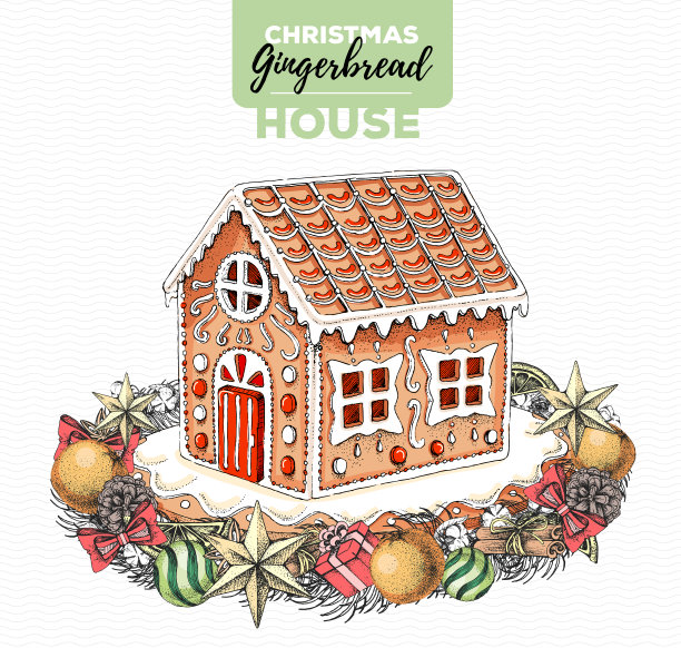 手绘圣诞姜饼屋和节日花环。甜蜜的面包店图片下载