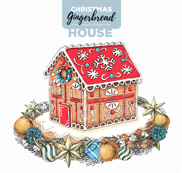 手绘圣诞姜饼屋和节日花环。甜蜜的面包店图片下载