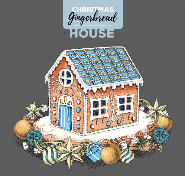 手绘圣诞姜饼屋和节日花环。甜蜜的面包店图片下载
