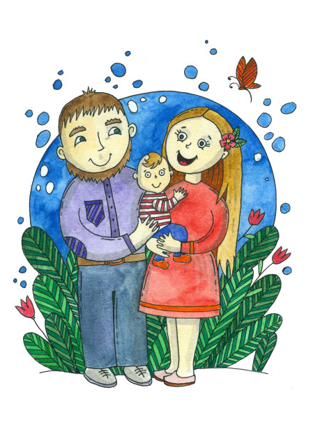 父母和孩子，水彩插画与家人素材图片