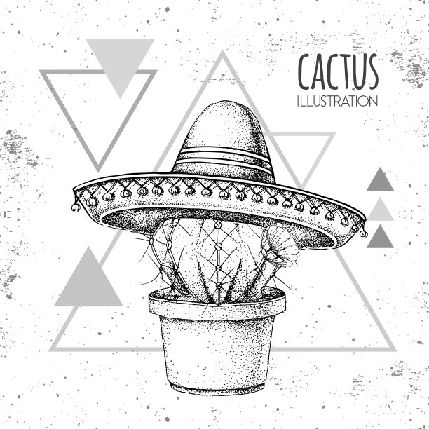 手绘仙人掌在宽边帽在垃圾三角形的背景。矢量图图片下载