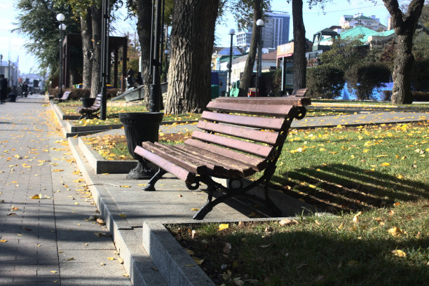 公园里的长椅，草坪上秋叶黄叶图片下载