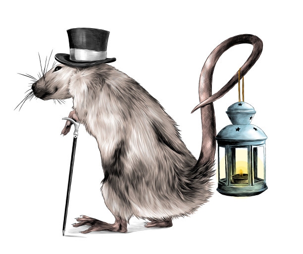 一只戴着帽子、拄着拐杖的老鼠站得很高，有一条弯曲的尾巴，里面放着一个里面有蜡烛的圣诞灯笼图片下载