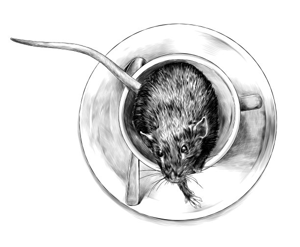 一只老鼠坐在一个茶杯里，茶杯放在一个碟子上，上面有一个茶匙图片下载