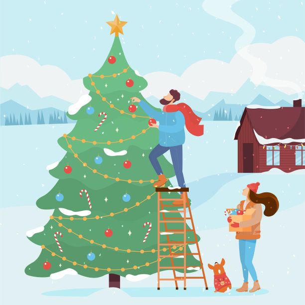 家庭在时尚的冬季衣服和狗在可爱的圣诞毛衣装饰高圣诞树。图片下载