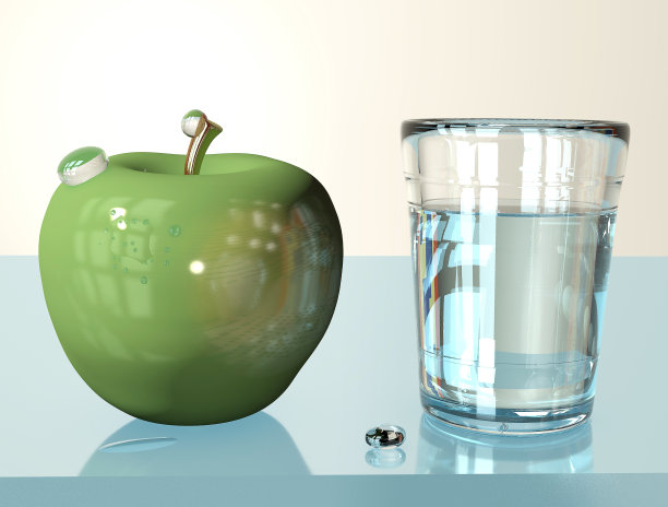 绿色苹果的3d插画和玻璃创意静物在粉红色的房间玻璃桌子上模仿白天的光线图片下载