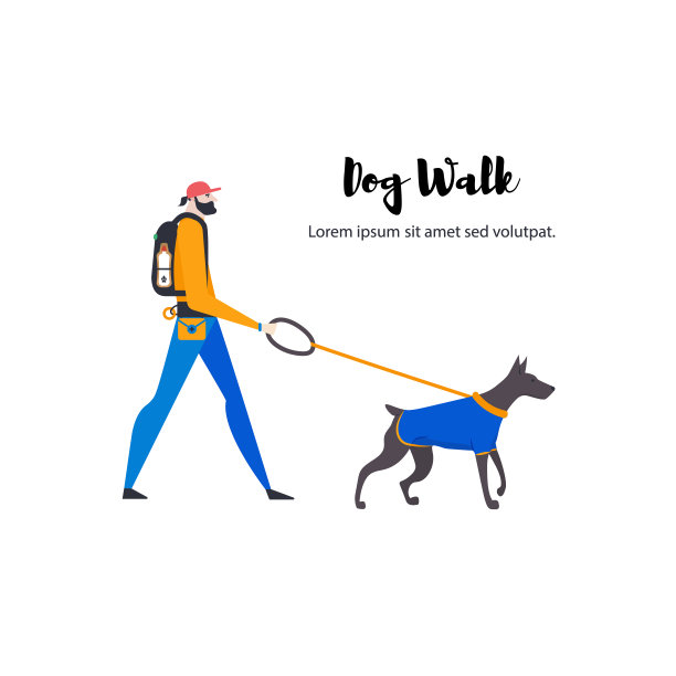 Сartoon style杜宾犬和私人遛狗者的图标与文字。图片下载