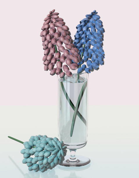 玻璃桌子上的酒杯上有粉红色和蓝色的风信子花的3d插图图片下载