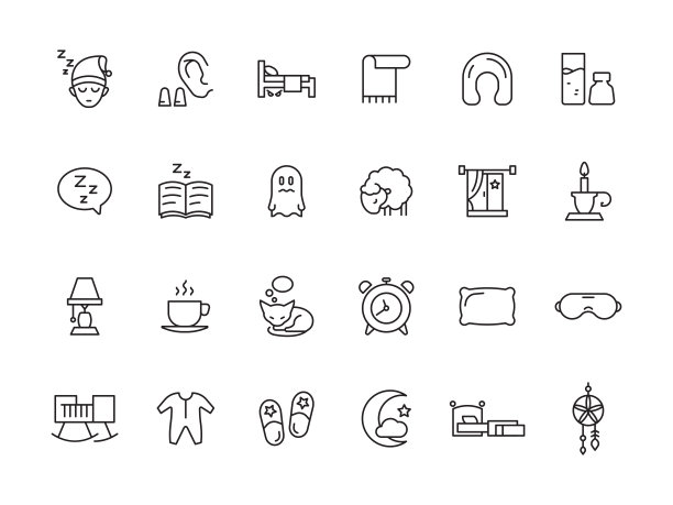 睡觉的符号。放松休息简单的图标，床，枕头，钟，泰迪熊，云朵，向量，睡眠图片收集图片下载