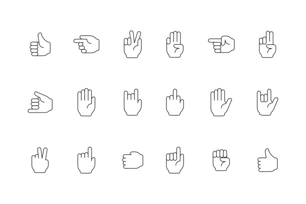 手势图标。人的双手指向和握住象征着和平胜利的魔鬼的手掌和手指向量图片下载