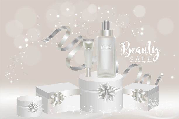 美容产品广告设计，白色化妆品容器与假日概念广告背景准备使用，豪华护肤横幅，插图图片下载