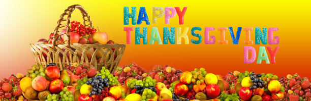 感恩节的问候和许多水果排成一排图片下载