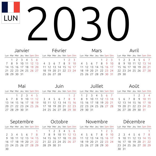 日历2030年，法国，周一图片下载