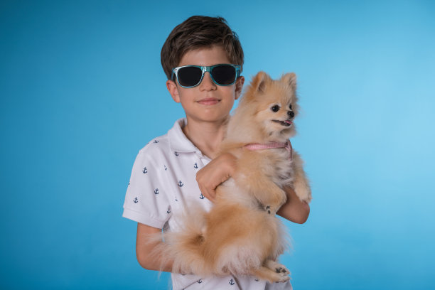 快乐的男孩和她的博美犬图片下载