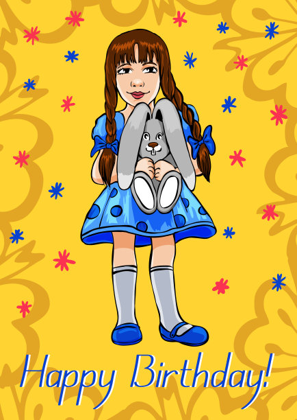 生日快乐的女孩与兔子礼物矢量插图手绘图片下载