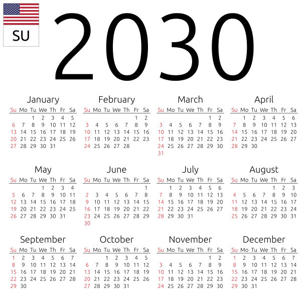 日历2030，英语，周日图片下载