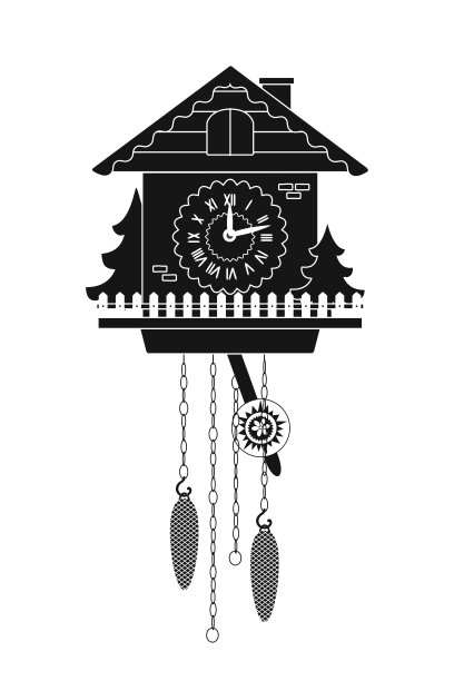 布谷鸟钟的卡通剪影在白色的背景上。图片下载