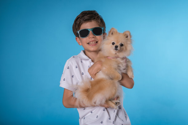 快乐的男孩和她的博美犬图片下载