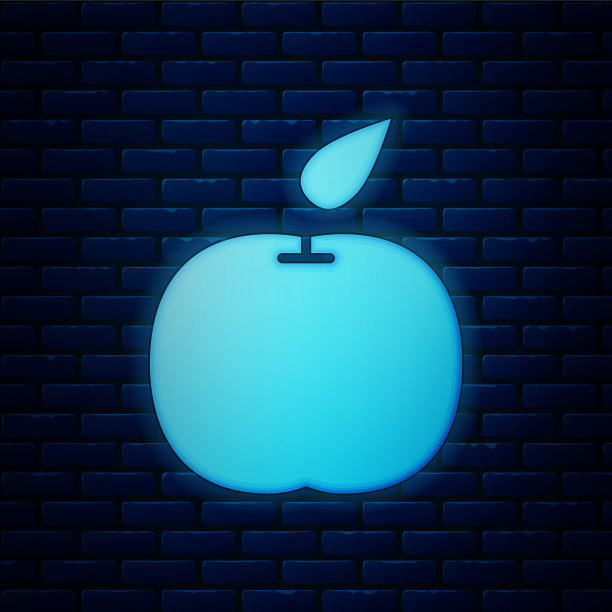 霓虹灯苹果图标孤立在砖墙的背景上。水果与叶子的象征。矢量图图片下载