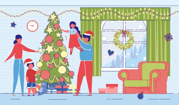 家人在圣诞节或新年在圣诞树周围。图片下载