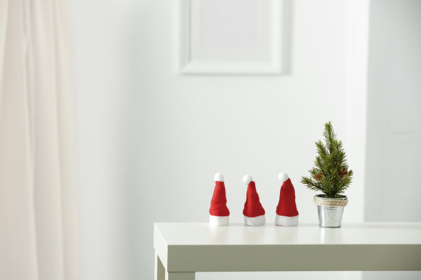 银色的花盆里放着绿色的小植物。白色的木桌为您的装饰留出了空间。白色墙壁与框架图片背景。圣诞组成。冬天的时间。副本的空间。图片下载