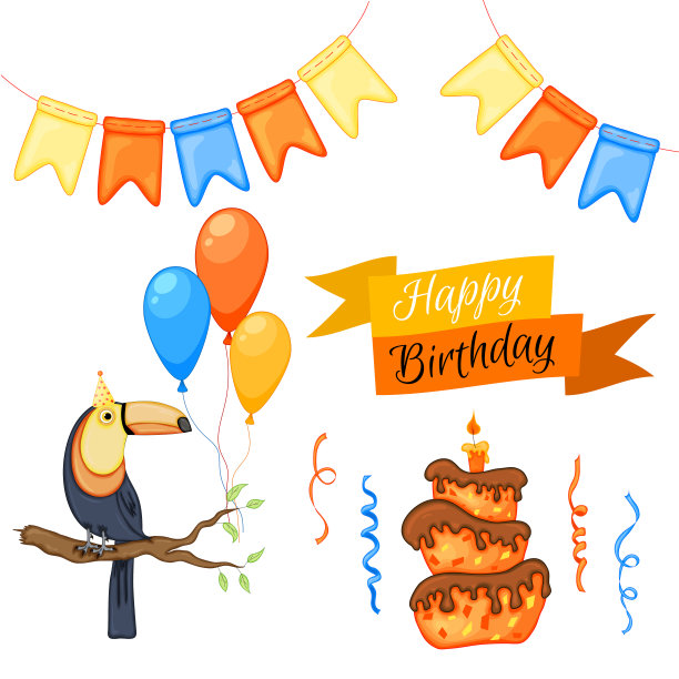 派对设置与鹦鹉和彩色的项目在一个白色的背景。铭文“生日快乐”。五彩缤纷的。向量。图片下载