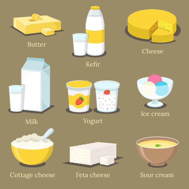 乳制品。黄油，开菲尔，奶酪，牛奶，草莓酸奶，冰淇淋，白干酪，菲达奶酪和汤奶油。平面向量插图。图片下载
