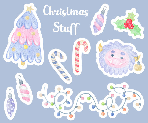 水彩贴纸系列时尚可爱的圣诞元素。圣诞雪人或巨魔，树，花环，糖果手杖和其他物品。完美的贴纸，海报或打印概念。图片下载