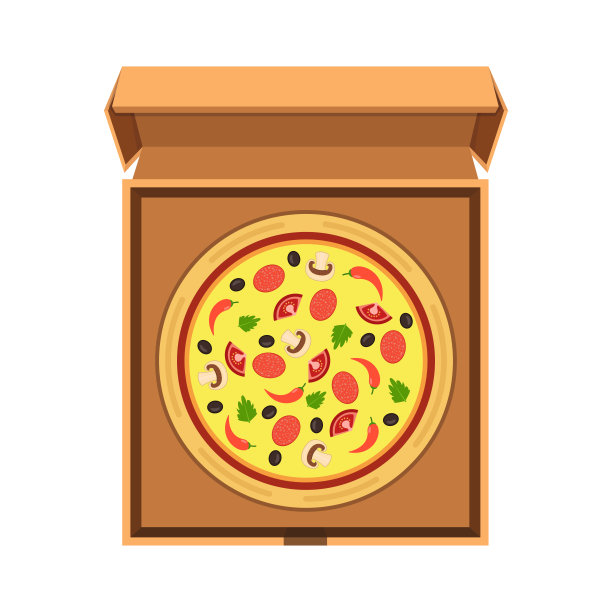 有番茄、香肠、橄榄和蘑菇的意大利披萨，装在打开的纸板箱里。矢量插图。图片下载