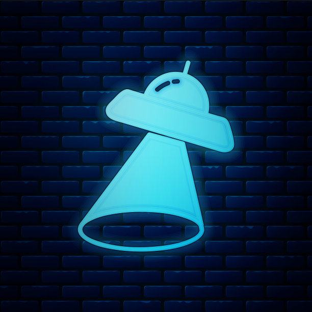 发光的霓虹灯UFO飞行飞船图标孤立在砖墙的背景。飞碟。外星人的宇宙飞船。未来未知飞行物。矢量图图片下载