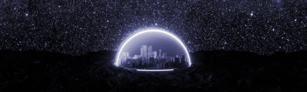 未来景观与一个封装的城市在岩石地面全景单色图片下载