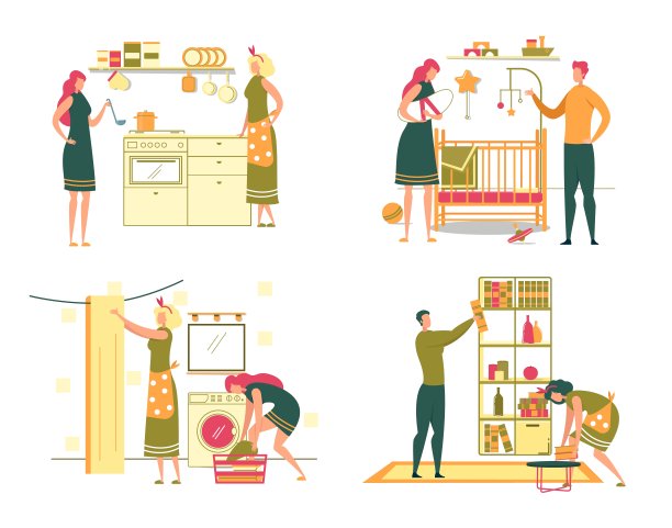 妇女家务日常活动和家庭责任设定。图片下载