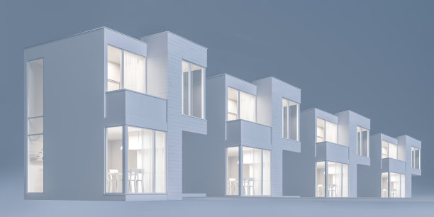 在傍晚的光线下，观察现代小房子的外部布局——矩形板的立面装饰。三维演示图片下载