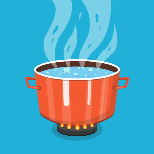 在锅里烧开水。煮锅在炉子上与水和蒸汽。平的卡通风格。矢量插图。图片下载