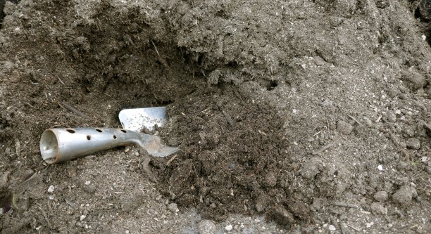 小花园手铲泥土。特写镜头图片下载