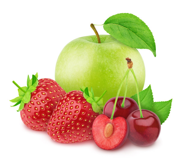 色彩丰富的苹果和花园浆果-草莓和樱桃，孤立在一个白色的背景与修剪路径。图片下载
