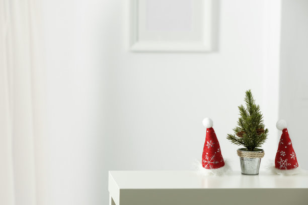 银色的花盆里放着绿色的小植物。白色的木桌为您的装饰留出了空间。白色墙壁与框架图片背景。圣诞组成。冬天的时间。副本的空间。图片下载