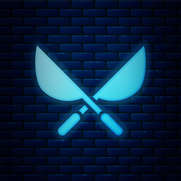 发光的霓虹灯园艺手工剪刀修剪图标孤立的砖墙背景。有木柄的修枝剪。矢量图图片下载