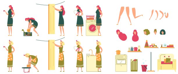 年轻和成年妇女家庭主妇角色设置图片下载