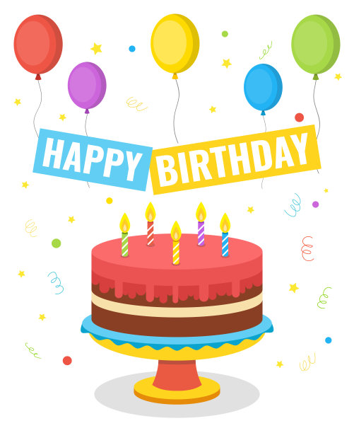 生日蛋糕和彩色气球。平面向量插图。图片下载