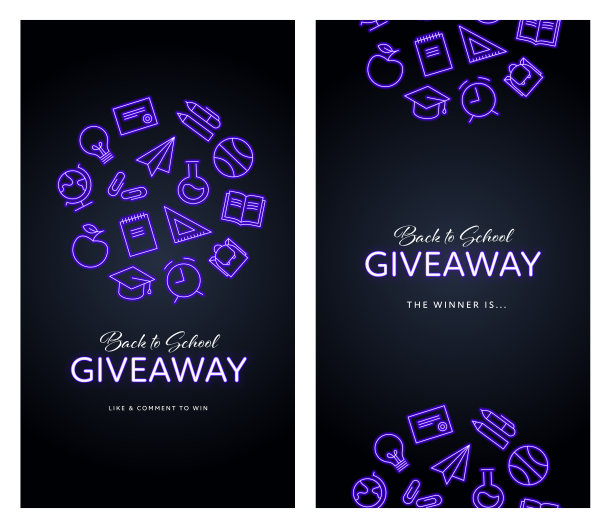 矢量社交媒体故事霓虹模板。回到学校的主题。圆形的发光紫色教育图标设置灯泡光文本在黑色背景。设计的职位，促销赠品。图片下载