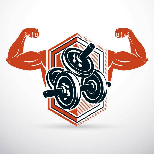 矢量插图强壮的男子二头肌手臂和哑铃。举重馆标志，体育俱乐部。图片下载