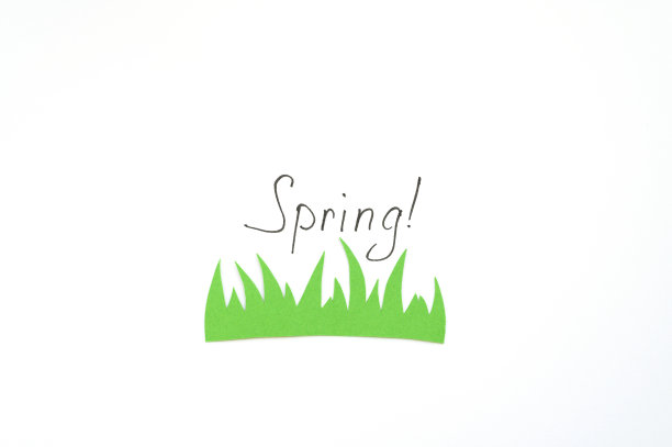 在白色的背景上从纸上剪下的绿草的剪影。春季和夏季概念。手写的题词“春天!”图片下载