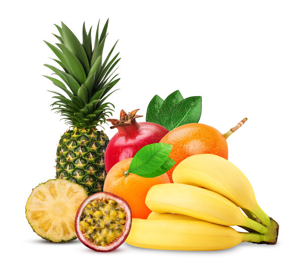菠萝，橙子，石榴，香蕉枝，granadilla香果带叶图片下载