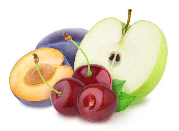 彩色构图与苹果，李子和樱桃孤立在一个白色的背景与修剪路径。图片下载