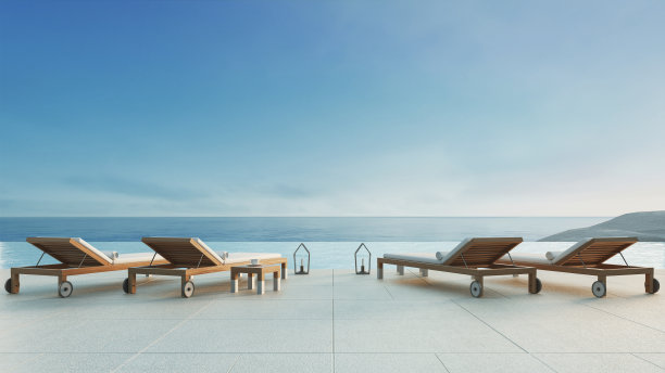 海滩休息室-海洋别墅与游泳池和海景/ 3d渲染图片下载