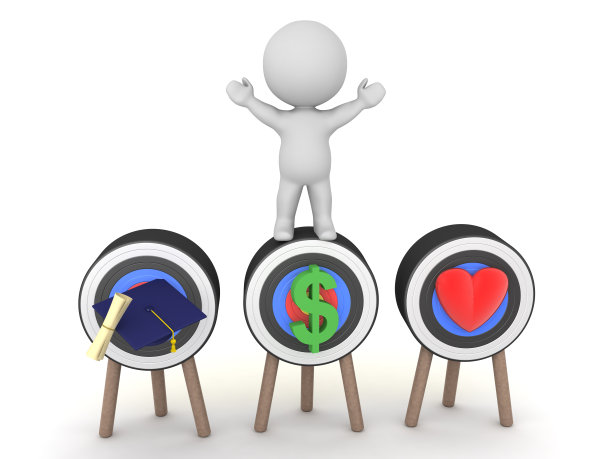 3D角色站在教育，金钱和爱的目标图片下载