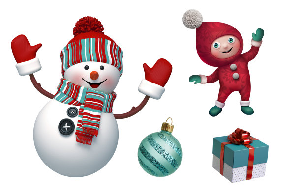 圣诞剪贴艺术收藏。3d渲染的快乐的雪人，可爱的小精灵，包装的礼盒，玻璃球，孤立在白色的背景。季节性装饰，装饰元素。节日图标集。图片下载