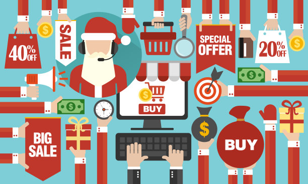 网上购物概念设计圣诞销售公寓，配有电脑和网上圣诞老人图片下载