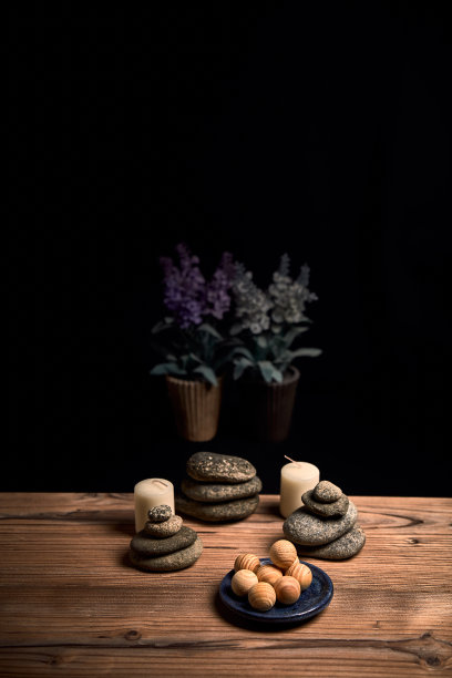 由蜡烛、石头和木制温泉球组成图片下载